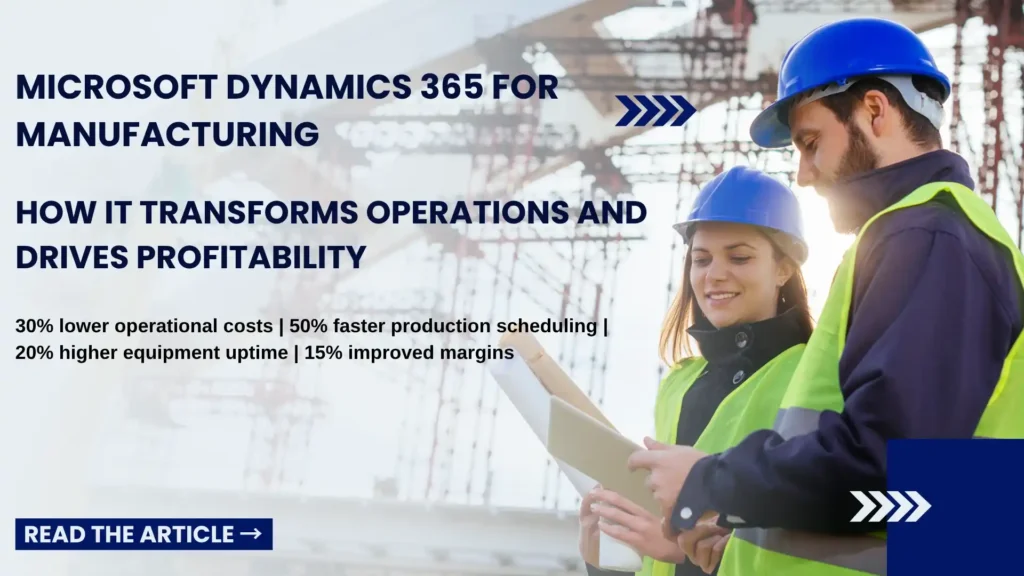 Microsoft Dynamics 365 dashboard managing manufacturing operations, production, and supply chain performance.