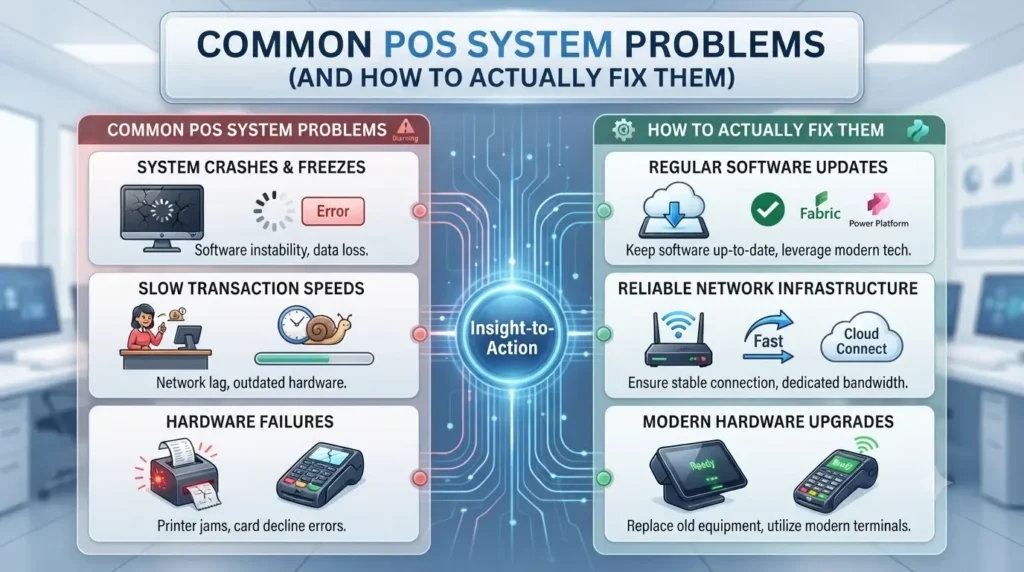 Retail POS system displaying sales, inventory management, payment processing, and troubleshooting alerts.