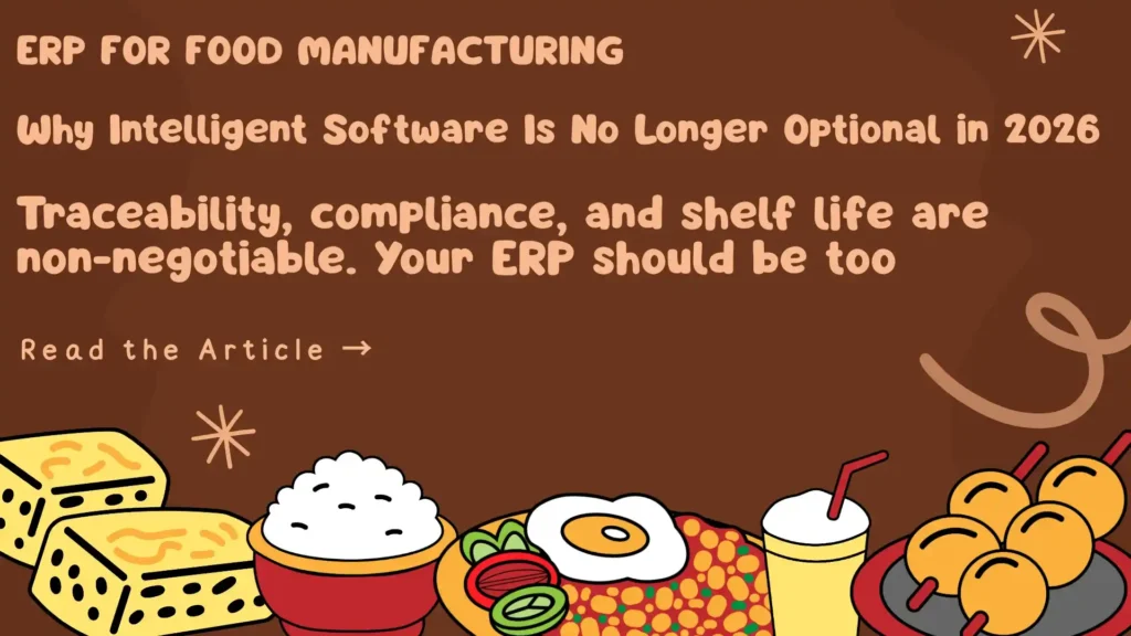 ERP software dashboard managing food manufacturing production, inventory, and compliance.