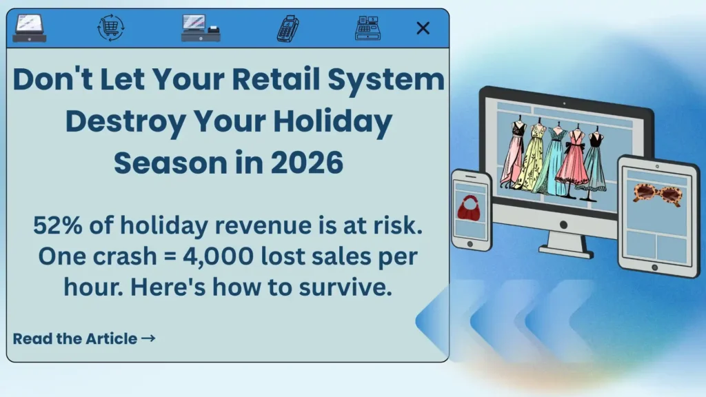 Busy retail store during holiday shopping season using modern retail software to manage sales and inventory.