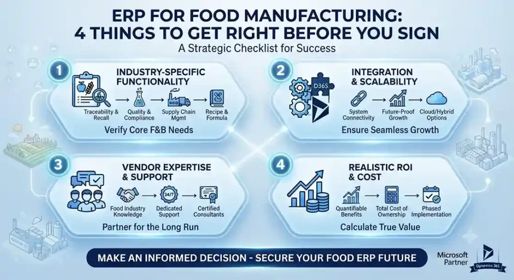 Food manufacturing ERP dashboard showing compliance, batch traceability, production planning, inventory, quality, and real-time analytics.