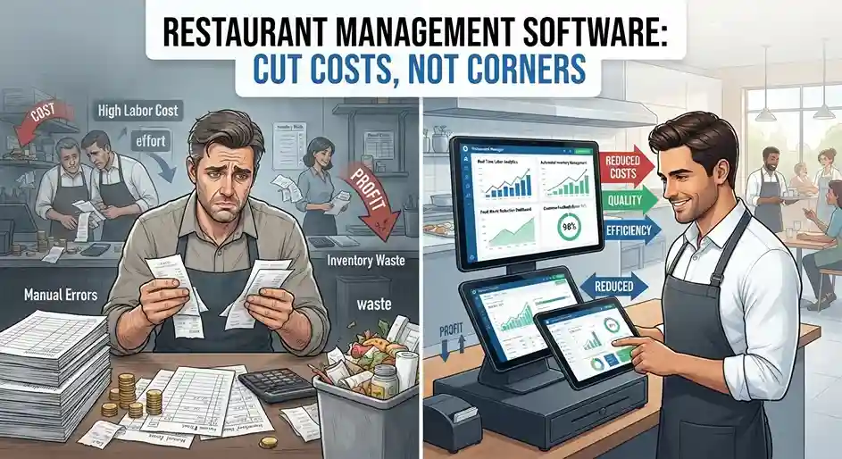Restaurant management software dashboard displaying POS, inventory, sales, kitchen operations, and business analytics.