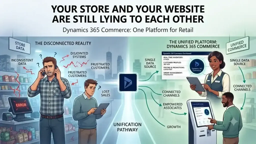 Retail store and eCommerce website displaying mismatched inventory and customer data, highlighting the need for unified commerce.