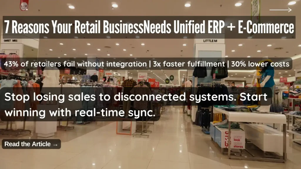 Retail ERP and e-commerce integration dashboard managing inventory, orders, and online sales.
