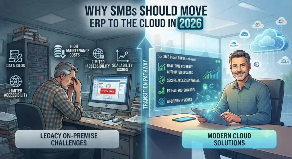 Cloud ERP dashboard helping SMBs manage finance, inventory, operations, and business performance.