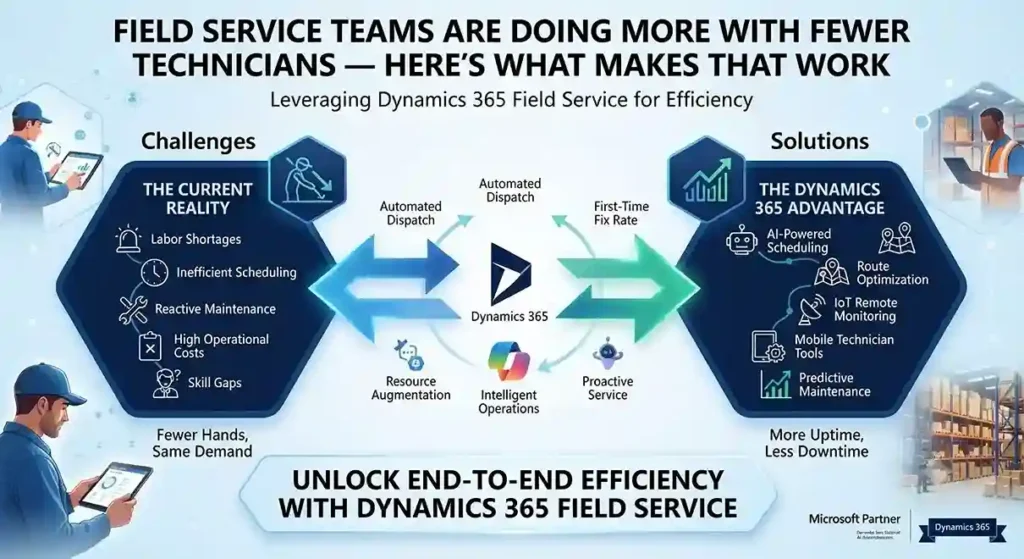 Dynamics 365 Field Service dashboard using AI scheduling and IoT alerts to optimize technicians and reduce onsite service visits.