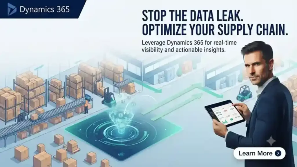 Dynamics 365 Supply Chain Management dashboard connecting IoT, analytics, inventory, logistics, and real-time supply chain data.