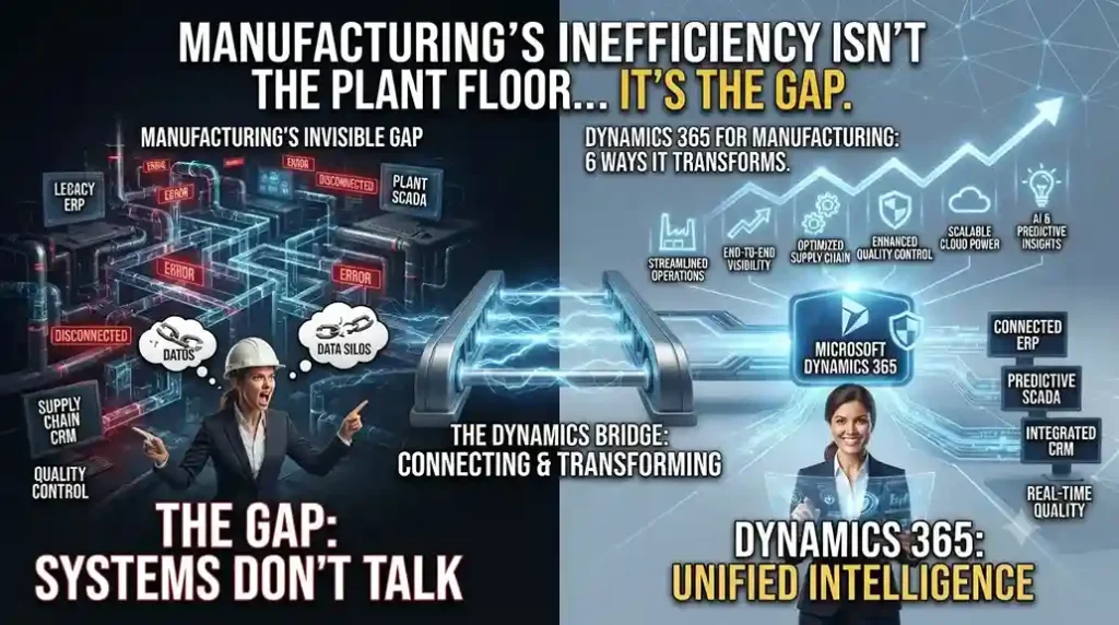 Microsoft Dynamics 365 for Manufacturing dashboard displaying production planning, inventory, supply chain management, and quality control.