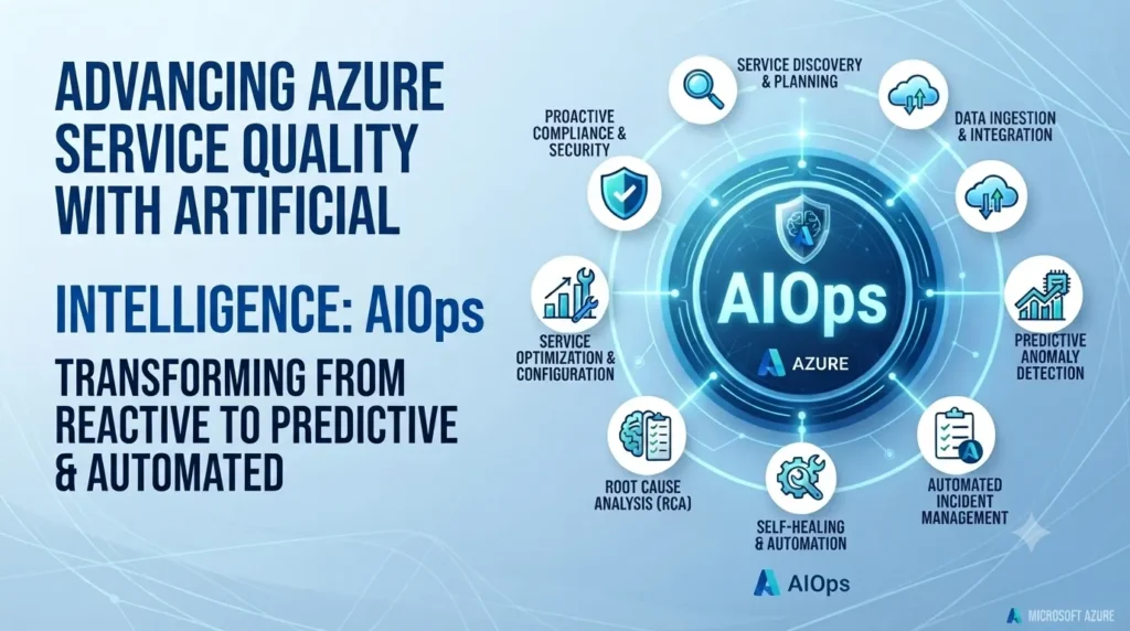 Microsoft Azure AIOps dashboard displaying AI-powered monitoring, predictive failure alerts, and real-time infrastructure health.