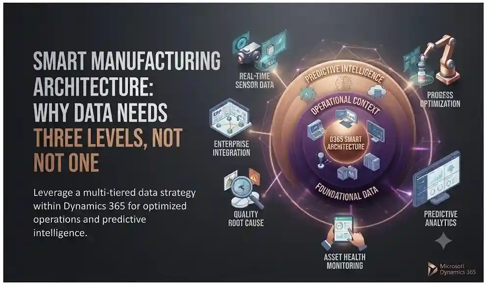 Smart manufacturing architecture connecting machines, factory operations, and enterprise systems across three data levels.
