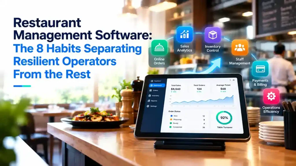 Restaurant management software dashboard showing sales, inventory, food costs, staffing, orders, and real-time restaurant performance.