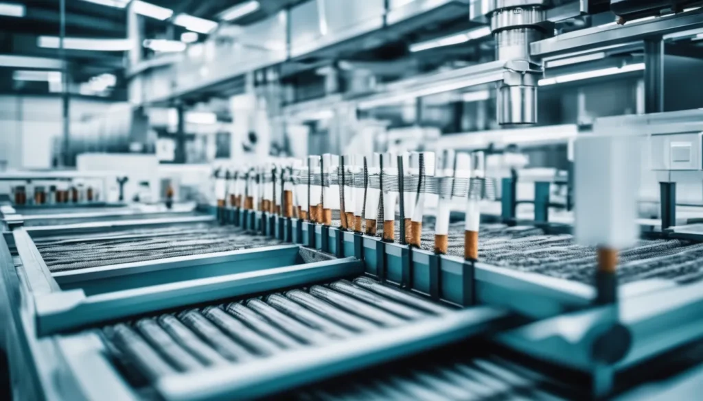 A close-up view of a quality inspection system in a cigarette manufacturing facility, ensuring product consistency and compliance with industry standards.