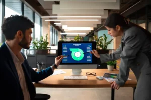 Business professionals comparing Dynamics GP and Business Central on a digital dashboard.