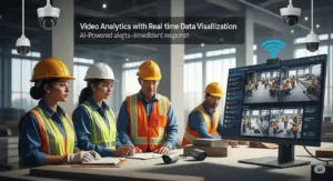 AI-powered video analytics monitoring workers on a factory floor, enhancing workplace safety through real-time alerts and smart surveillance.
