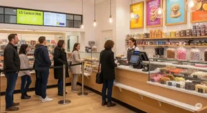 Customer smiling at a fast-moving checkout counter powered by LS Central POS during peak shopping hours.