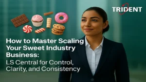 Sweet industry business owner using LS Central dashboard to manage recipes, inventory, billing, and production across multiple locations.
