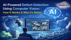 AI-powered computer vision system detecting product defects on a manufacturing production line in real time.