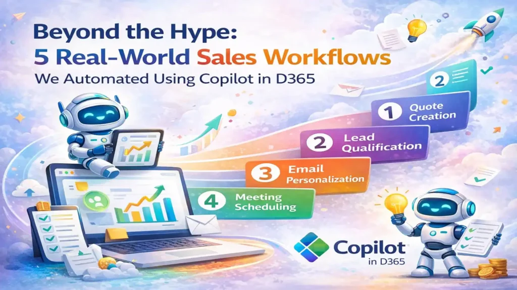 Sales team using Copilot in Dynamics 365 to automate CRM workflows and analyze customer data.