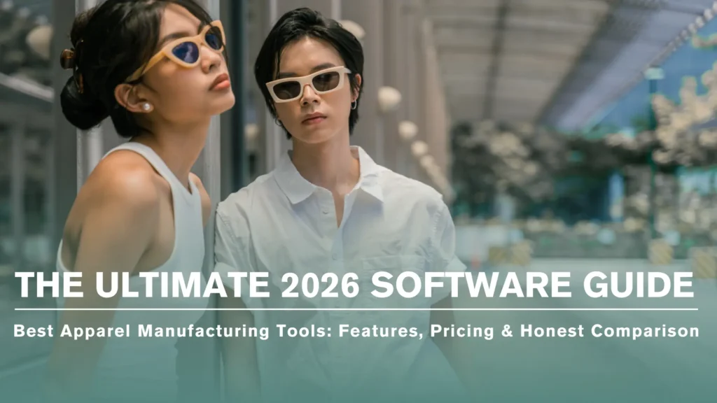 Apparel manufacturing software dashboard managing production, inventory, and orders with size and color variants.