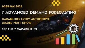 7 advanced demand forecasting capabilities in D365 F&O for automotive leaders. Supply chain dashboard with listicle graphic.