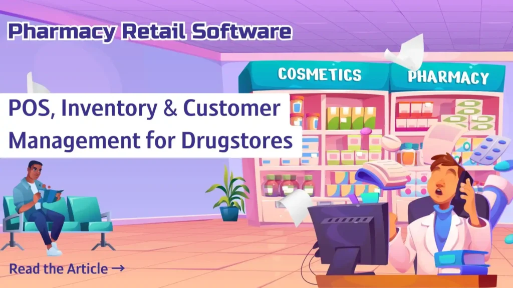 Pharmacy retail software dashboard managing POS billing, inventory, and customer records.