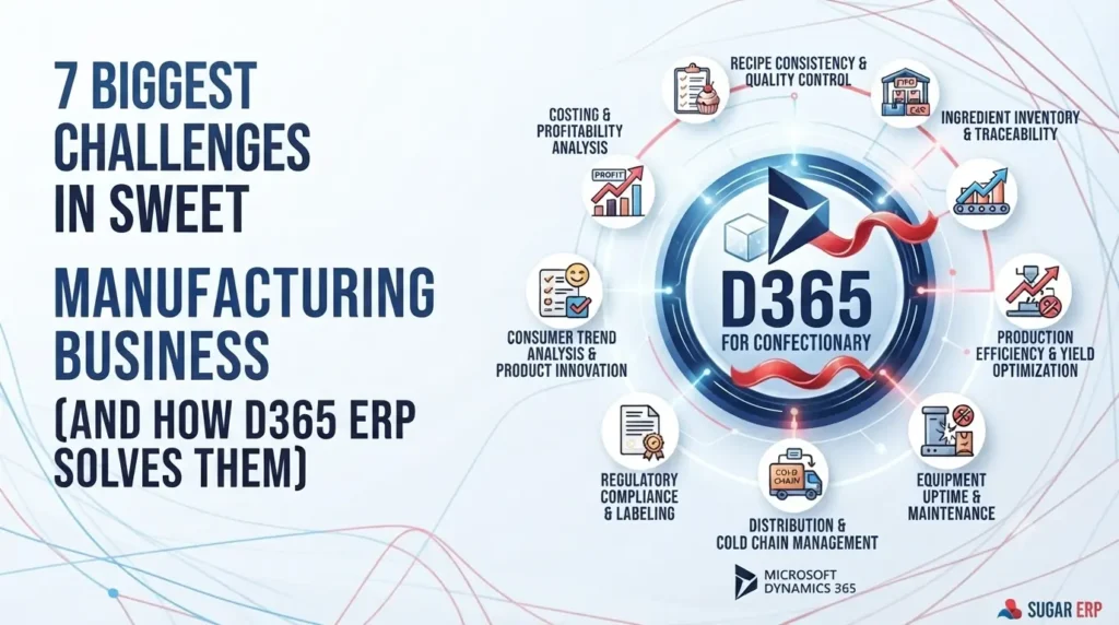 Microsoft Dynamics 365 ERP dashboard managing sweet manufacturing with recipe management, inventory, batch tracking, and FSSAI compliance.