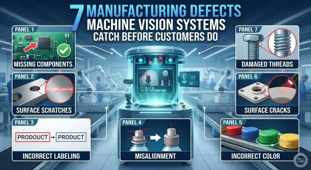 Machine vision system inspecting products on a manufacturing line to detect defects using AI.
