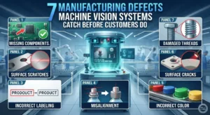 Machine vision system inspecting products on a manufacturing line to detect defects using AI.