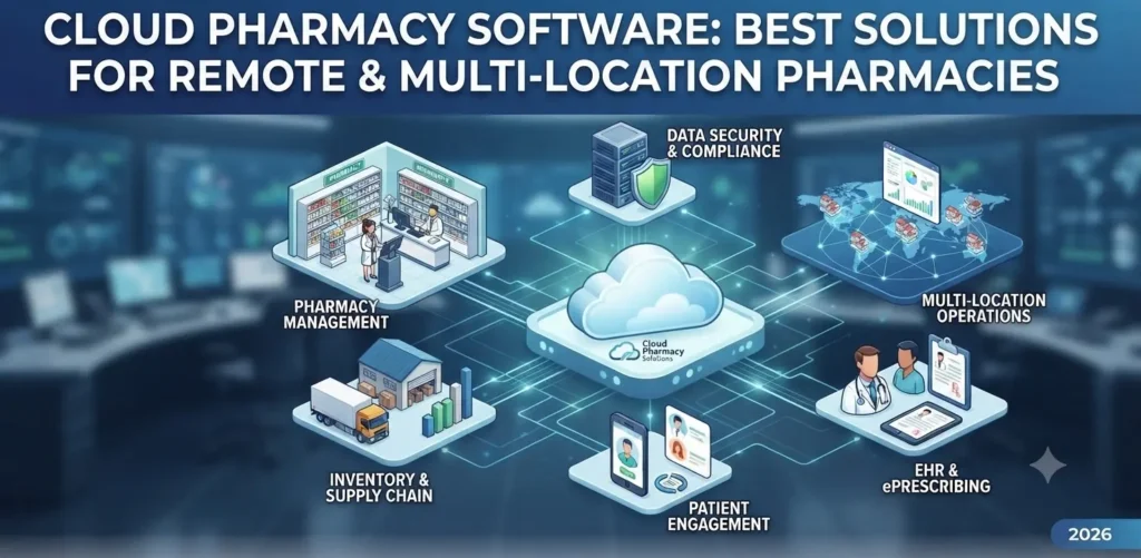 Cloud pharmacy software dashboard displaying real-time inventory, patient records, prescription management, and multi-store performance.