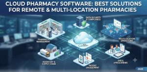 Cloud pharmacy software dashboard displaying real-time inventory, patient records, prescription management, and multi-store performance.