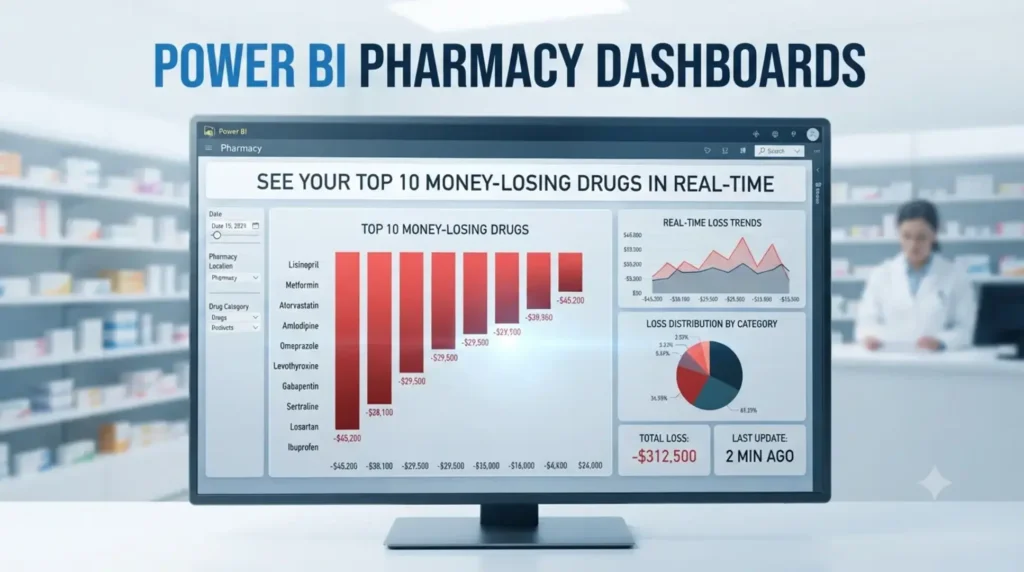 Power BI pharmacy dashboard displaying profit margins, dead stock, expiry losses, top loss-making drugs, and branch performance.