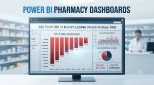 Power BI pharmacy dashboard displaying profit margins, dead stock, expiry losses, top loss-making drugs, and branch performance.