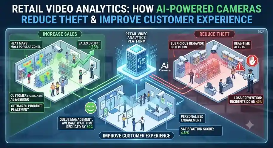 AI-powered retail video analytics system monitoring customer behavior, store traffic, and theft prevention.