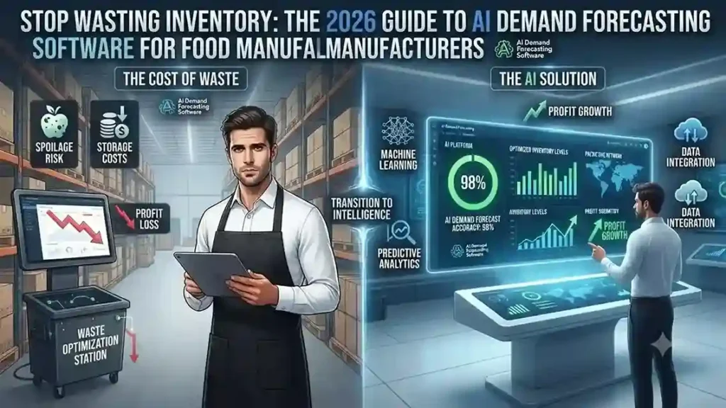 AI demand forecasting software analyzing inventory, production demand, and sales trends for food manufacturers.