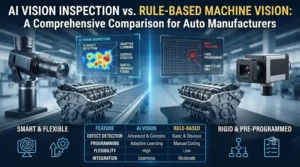 Comparison of AI vision inspection and rule-based machine vision systems inspecting automotive components on a production line.