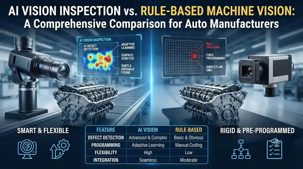 Comparison of AI vision inspection and rule-based machine vision systems inspecting automotive components on a production line.