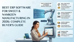 ERP software dashboard for sweet and namkeen manufacturing showing recipe management, batch production, inventory, costing, and traceability.