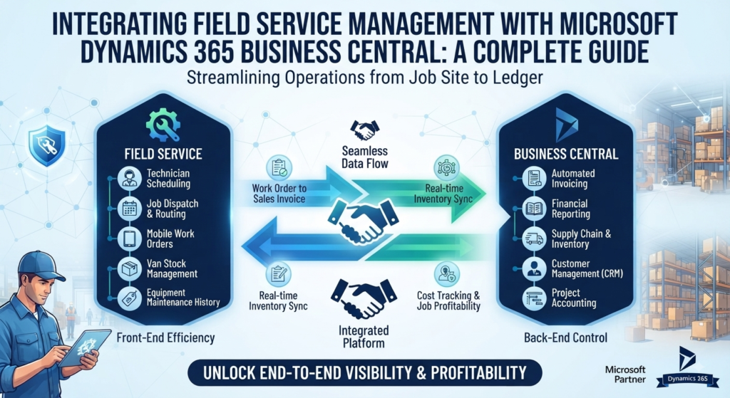 Microsoft Dynamics 365 Business Central integrated with field service management for scheduling, inventory, work orders, technicians, and invoicing.