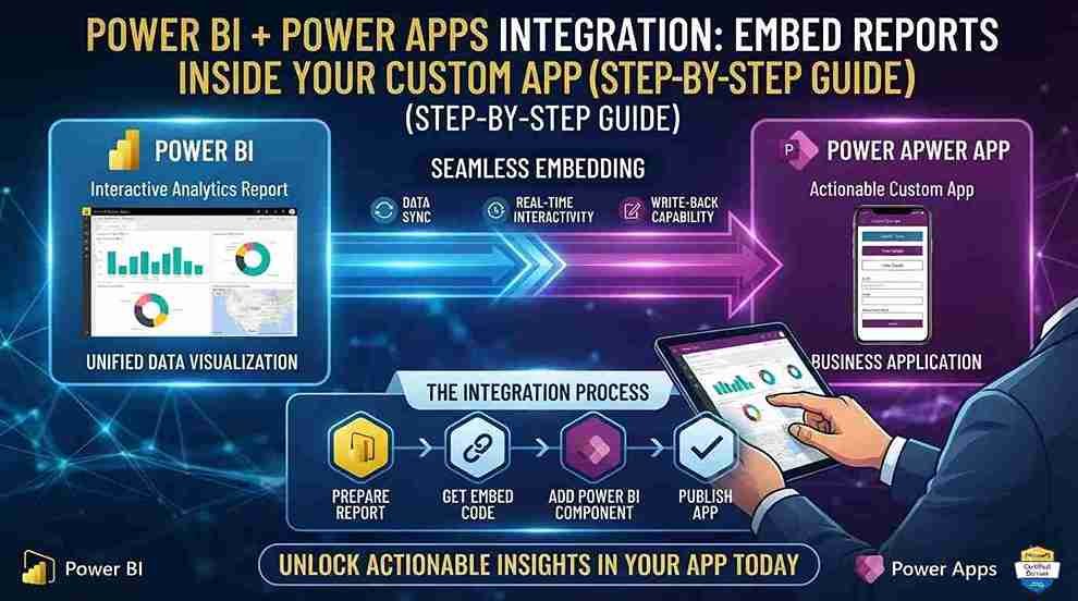 Power BI report embedded in a Power Apps interface showing interactive business analytics and real-time data insights.