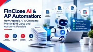 FinClose AI and AP automation dashboard using agentic AI to automate invoices, reconciliation, journal work, and month-end close.