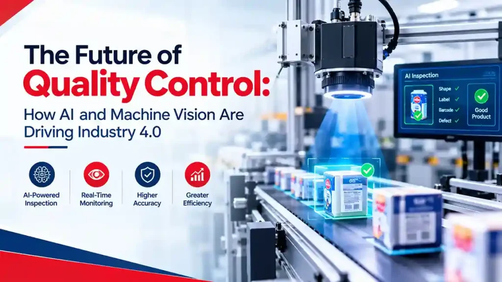 AI-powered machine vision system performing automated quality inspection and defect detection on a manufacturing production line.