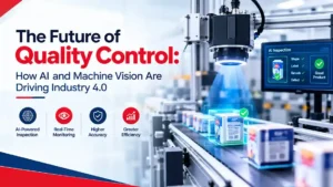 AI-powered machine vision system performing automated quality inspection and defect detection on a manufacturing production line.
