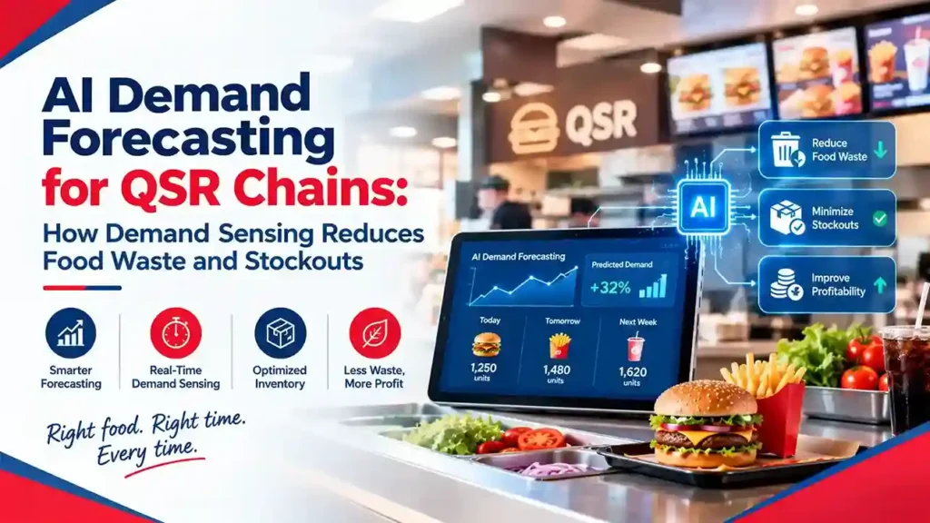 AI demand forecasting dashboard helping QSR chains predict sales, optimize food inventory, reduce waste, and prevent stockouts.