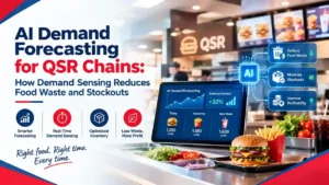 AI demand forecasting dashboard helping QSR chains predict sales, optimize food inventory, reduce waste, and prevent stockouts.