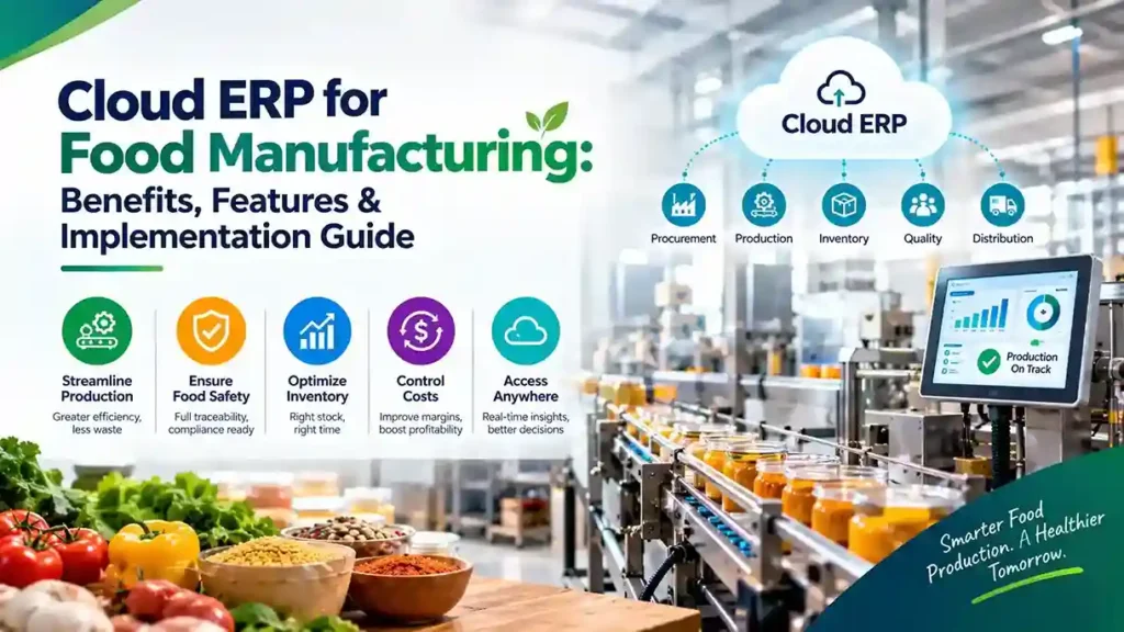 Cloud ERP for food manufacturing connecting production planning, batch traceability, inventory management, quality control, and compliance