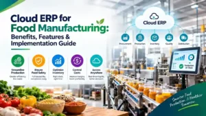 Cloud ERP for food manufacturing connecting production planning, batch traceability, inventory management, quality control, and compliance
