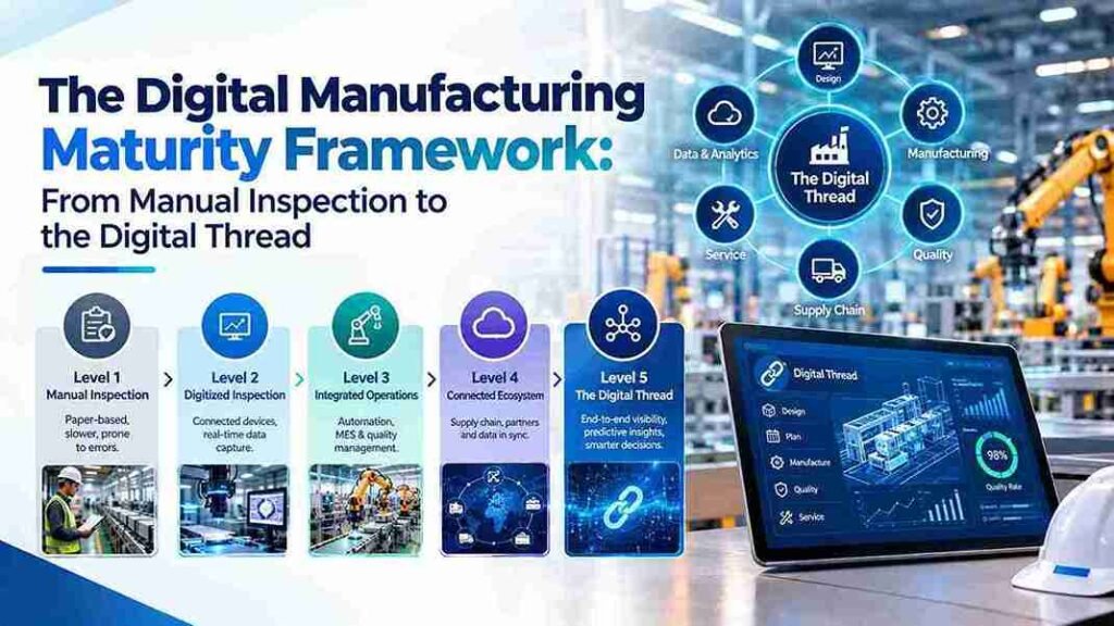 Digital manufacturing maturity framework showing the journey from manual inspection to smart quality systems and a connected digital thread