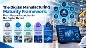 Digital manufacturing maturity framework showing the journey from manual inspection to smart quality systems and a connected digital thread