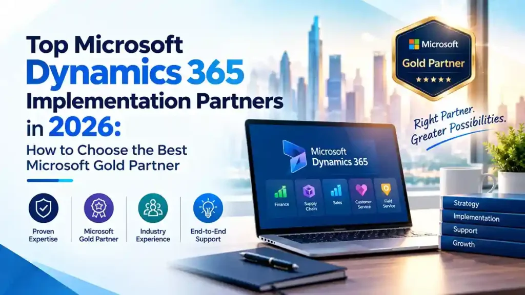 Microsoft Dynamics 365 implementation dashboard showing ERP, CRM, finance, supply chain, and business analytics capabilities.